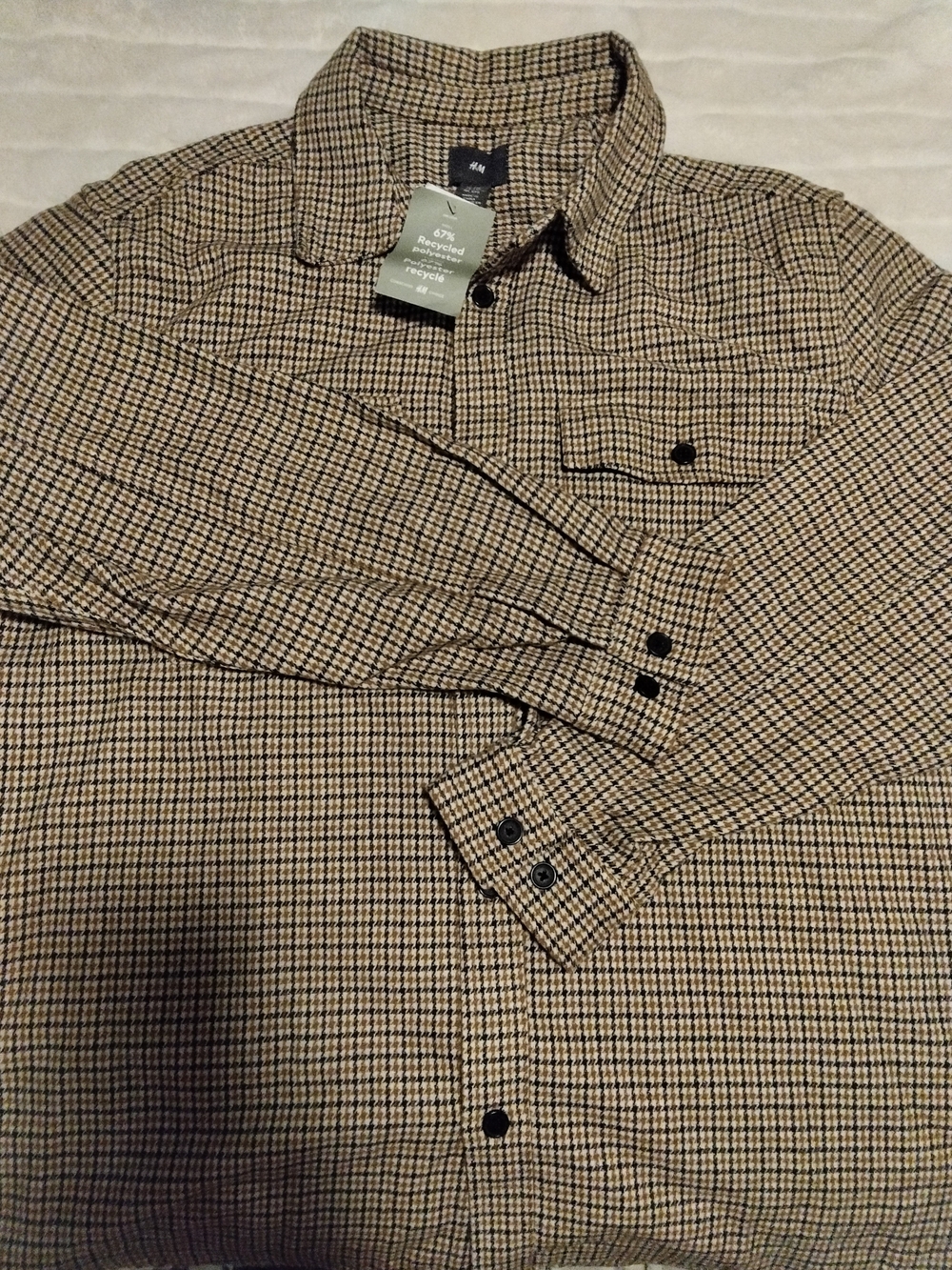 H&M Men's Brown/Black/Cream Houndstooth Polyester Woven Button-Up Shirt Size XXL